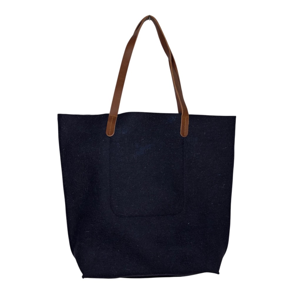 Ballard Designs Wool Felt Tote Bag Large Navy Blue Leather Straps Minimalist